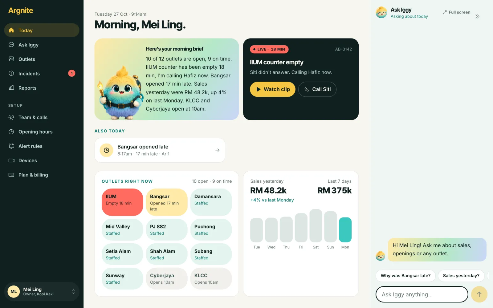 The portal on a laptop: dark sidebar, Iggy's briefing, the live IIUM alert, every outlet's status and last week's sales, with Iggy's chat docked on the right