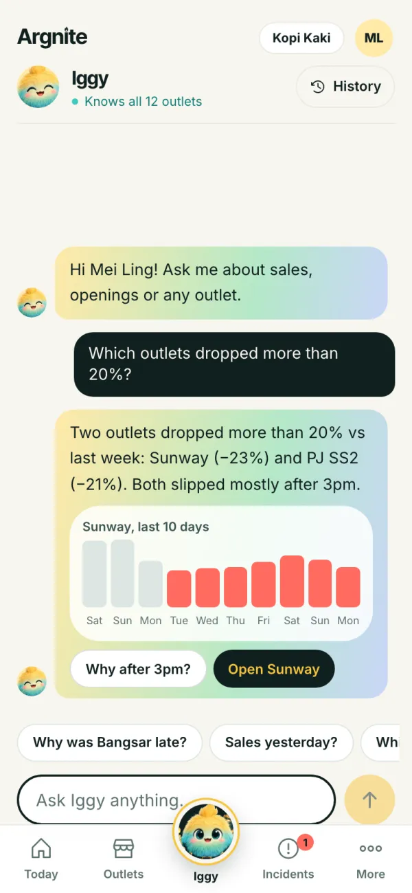 Chat with Iggy: asked which outlets dropped more than 20%, Iggy names Sunway and PJ SS2 and shows a 10-day chart