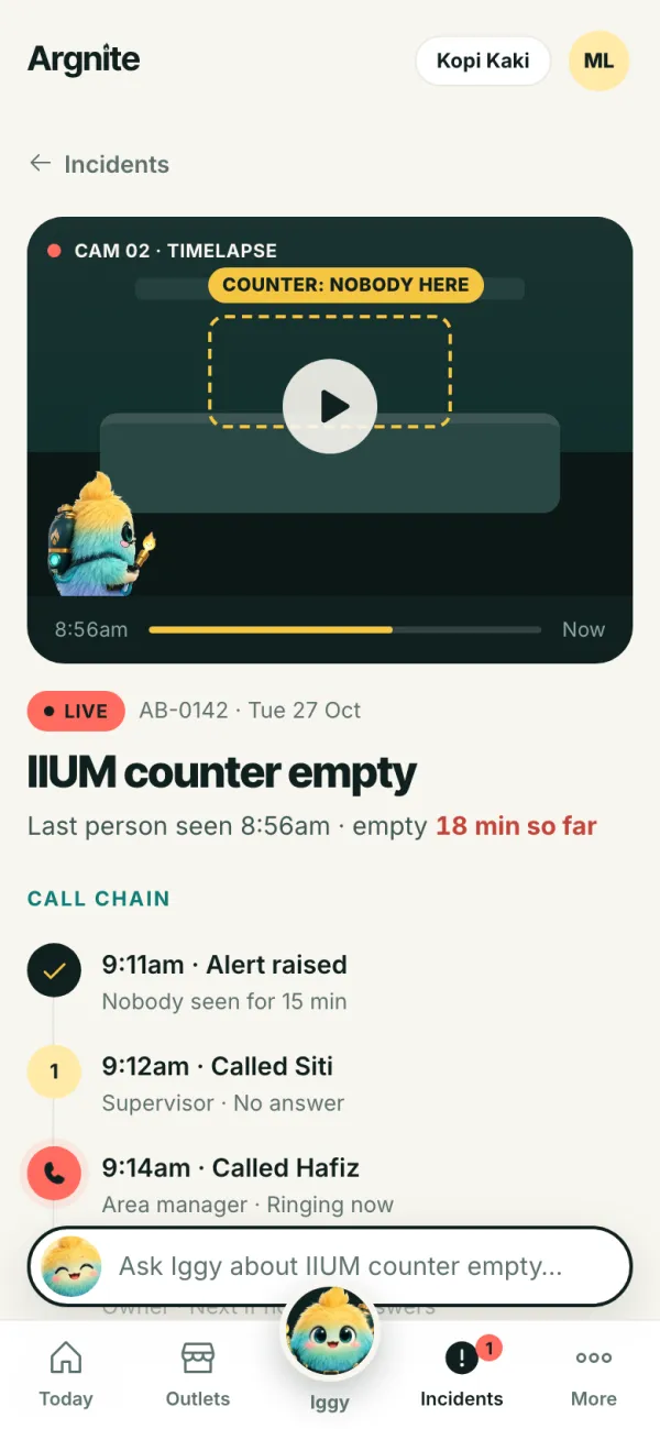 Incident screen: timelapse clip of the empty IIUM counter and the call chain, with Siti not answering and Hafiz ringing now