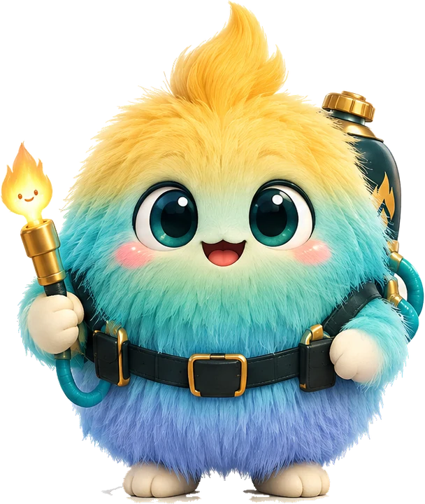 Iggy, a round fluffy gold and aqua mascot with a flame pack, smiling and holding a little flame